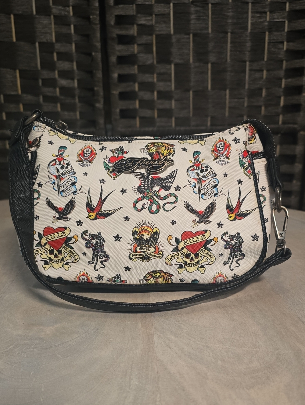 Ed Hardy White Tattoo Print Mini Shoulder Bag Baguette Purse Y2K